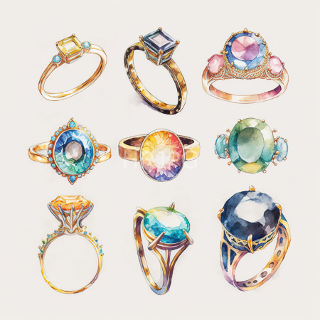 High Resolution: Watercolor illustration features nine ornate rings each with different gemstones and designs including gold bands with a blue sapphire purple amethyst pink diamond clusters and a colorful rainbow-cut stone download. | HRJPG.com