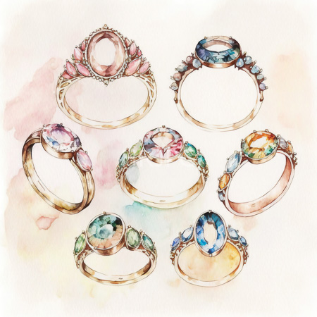 High Resolution: Watercolor illustration features nine elegant gold rings with various gemstones and designs each ring features unique colored gems set in different styles including floral accents download. | HRJPG.com
