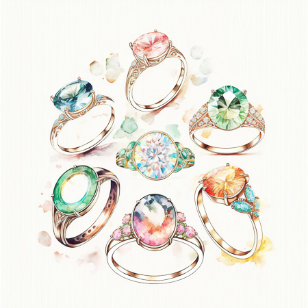 High Resolution: Digital watercolor illustration features nine elegant gold rings with various colorful gemstones including a pink diamond blue sapphire green emerald and a multicolored round-cut stone with intricate designs download. | HRJPG.com