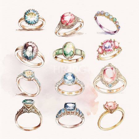 High Resolution: Elegant watercolor illustration features twelve intricately designed rings each showcasing different gemstones and styles including a blue diamond surrounded by small diamonds download. | HRJPG.com