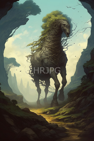 High Resolution: Enormous dark gray horse with gnarled wooden-like textures and a green moss-covered mane stands in a rocky canyon under a bright blue sky with misty mountains download. | HRJPG.com