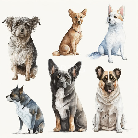 High Resolution: Watercolor illustration features seven small dogs each sitting against an off-white background with subtle shadows including a shaggy black and white dog a tan corgi-like breed and a light blue-and-beige mix download. | HRJPG.com