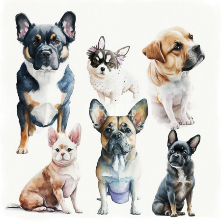 High Resolution: Watercolor illustration features seven small dogs each with distinct breeds and colors including a black-and-tan French Bulldog a tiny Chihuahua wearing a pink flower crown and a tan Boston Terrier download. | HRJPG.com