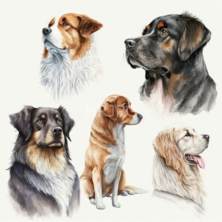 High Resolution: Drawing features six realistic dog portraits each in profile view against a white background including breeds with varied fur colors and textures download. | HRJPG.com