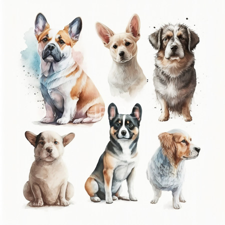 High Resolution: Watercolor-style illustration features seven adorable puppies each with distinct breeds and colors including an orange-white French Bulldog a Fawn Corgi and a Brown Shih Tzu mix puppy download. | HRJPG.com