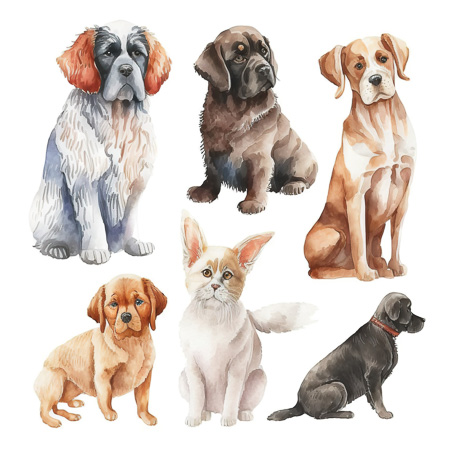 High Resolution: Watercolor illustration features seven dogs and one feline each sitting against a white background including a Cocker Spaniel a Pug puppy and a Labrador Retriever puppy download. | HRJPG.com