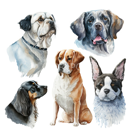 High Resolution: Watercolor illustration features six dog portraits on a white background including a Saint Bernard with black ears a blue-grey Great Dane with its tongue out and a brown-and-white Boxer sitting calmly download. | HRJPG.com