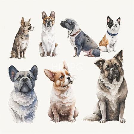 High Resolution: Watercolor illustration features eight small dogs each with distinct breeds and colors including a tan Chihuahua a brindle French Bulldog puppy and a black-and-tan Pit Bull mix download. | HRJPG.com