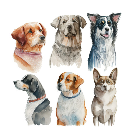 High Resolution: Watercolor-style illustration features seven dogs each depicted from the shoulders up including an orange-brown Labrador Retriever in a pink collar and a gray mixed breed dog download. | HRJPG.com