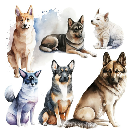 High Resolution: Watercolor illustration features six different breeds of dogs each sitting or lying down against various water splashes including a tan Shiba Inu and a black and brown German Shepherd download. | HRJPG.com