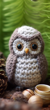 High Resolution: Adorable hand-crocheted owl with large black eyes and a yellow beak made from grayish-white yarn against a green leafy background surrounded by pine cones download. | HRJPG.com