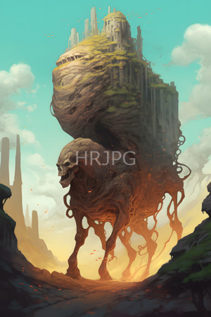 High Resolution: Enormous twisted creature with skeletal features and fiery orange tendrils emerging from its body stands in front of towering floating city structures on rocky terrain download. | HRJPG.com