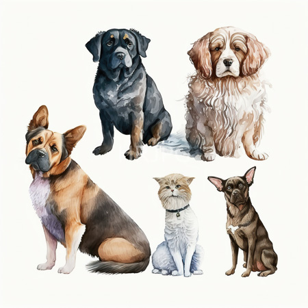 High Resolution: Watercolor-style illustration features six dogs and one feline each sitting against a white background including a black German Shepherd with yellow eyes and a brown-and-white Cocker Spaniel download. | HRJPG.com