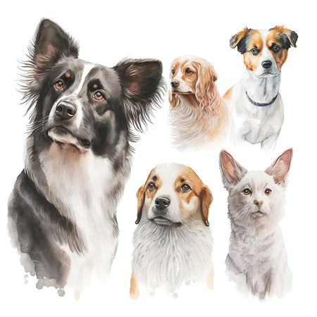 High Resolution: Watercolor-style illustration features six dogs and one feline each depicted in detailed headshots including an alert black-and-white Border Collie and two Cavalier King Charles Spaniels download. | HRJPG.com