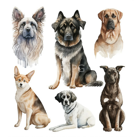 High Resolution: Watercolor-style illustration features seven dogs each depicted in detailed head and body portraits including a tan Chihuahua and a black-and-tan German Shepherd sitting upright download. | HRJPG.com