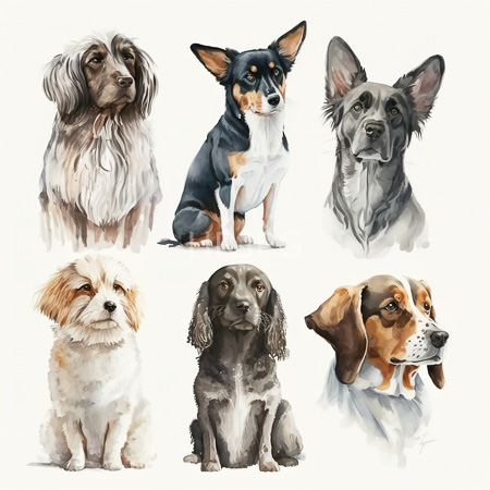 High Resolution: Watercolor-style illustration features six dogs each depicted from the shoulders up including a long-haired grey and white dog with expressive eyes and a small black-and-tan Chihuahua download. | HRJPG.com