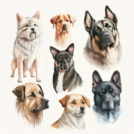 High Resolution: Watercolor illustration features seven dog portraits each with distinct breeds and features including a fluffy Shih Tzu a brown Labrador Retriever and a black German Shepherd Dog download. | HRJPG.com