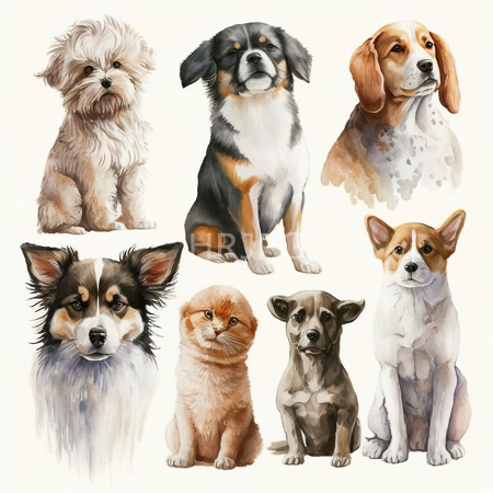 High Resolution: Watercolor illustration features seven dogs and one feline each depicted in realistic detail with varied fur textures including a fluffy white puppy and a black-and-tan Corgi mix download. | HRJPG.com