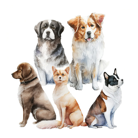 High Resolution: Watercolor-style illustration features six dogs sitting in two rows including a black-and-white Saint Bernard a brown dog with a collar and an orange Shiba Inu download. | HRJPG.com