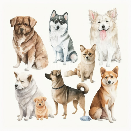High Resolution: Watercolor illustration features nine different breeds of dogs each sitting or standing including a brown fluffy dog a black and white Shiba Inu and a cream-colored long-haired Pomeranian download. | HRJPG.com