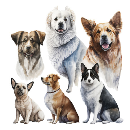 High Resolution: Painting features seven realistic dog portraits each with distinct breeds and features including a small Chihuahua a medium brown-and-white mixed-breed and a fluffy Shih Tzu showing its tongue download. | HRJPG.com