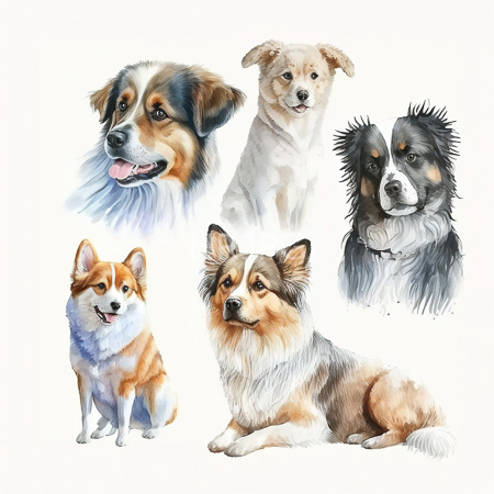 High Resolution: Intricate watercolor painting features six different dogs each depicted in various poses and expressions including a medium-sized dog with black-and-brown fur and blue-gray ears download. | HRJPG.com