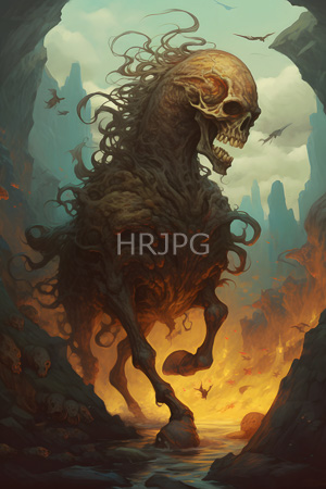 High Resolution: Eerie skeletal creature with twisted limbs and tendrils rising from its back stands in rocky terrain at sunset with a glowing orange light reflecting off water below download. | HRJPG.com
