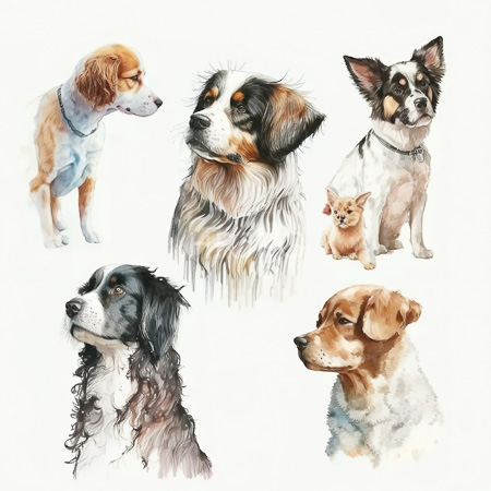 High Resolution: Watercolor-style drawing features six dogs each depicted in profile or three-quarter view including a Cocker Spaniel a Bernese Mountain Dog mix and a Chihuahua download. | HRJPG.com