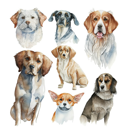 High Resolution: Watercolor illustration features eight dogs each depicted in detailed head and body portraits including a shaggy terrier a black dog with blue eyes and a brown-and-white spaniel-like breed download. | HRJPG.com
