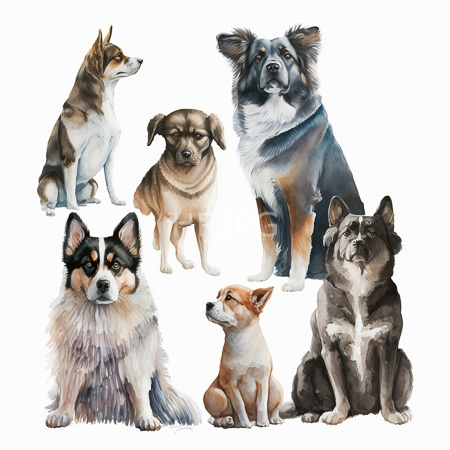 High Resolution: Watercolor illustration features seven small to medium-sized dogs each with distinct breeds and colors including a Shiba Inu a Chihuahua mix and a Pomeranian-like dog download. | HRJPG.com