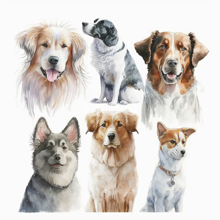 High Resolution: Watercolor-style illustration features seven dogs of various breeds and sizes each depicted in detailed head or upper body portraits including a fluffy golden retriever and a black-and-white border collie download. | HRJPG.com