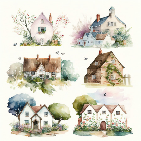 High Resolution: Watercolor illustration features six charming quaint houses in different styles and settings including a pink cottage a gray stone house and a rustic thatched-roof farmhouse download. | HRJPG.com