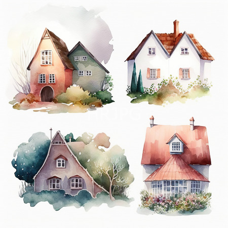 High Resolution: Watercolor illustration features four quaint charming houses with varied styles and colors including a pinkish-red walled house and a small whitewashed house with a red-tiled roof download. | HRJPG.com