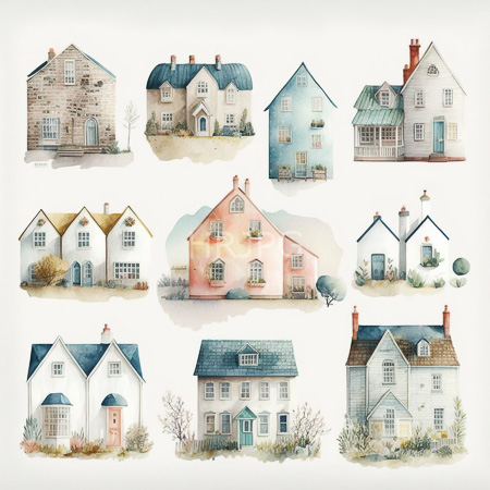 High Resolution: Watercolor illustration features nine charming varied houses in pastel colors and soft textures each house has distinct architectural features like brick walls and blue roofs download. | HRJPG.com