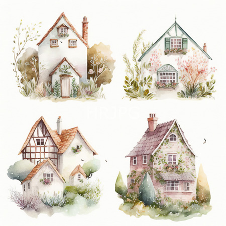 High Resolution: Watercolor illustration features four quaint charming houses with different architectural styles and lush gardens including a white cottage with a red roof and a pink-walled house adorned with climbing plants download. | HRJPG.com