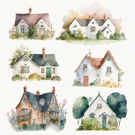 High Resolution: Watercolor painting features six charming quaint houses in various styles and colors including a house with a red roof a black-and-white facade and a small cottage-like structure download. | HRJPG.com