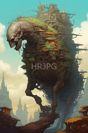 High Resolution: Enormous grotesque creature with skeletal features and open jaws carries intricately detailed medieval village buildings on its back amidst cloudy skies download. | HRJPG.com