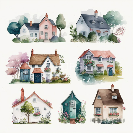 High Resolution: Watercolor illustration features six charming houses each with unique styles and colors including a pastel pink house a white grey-roofed cottage and a quaint brown-shingled home download. | HRJPG.com