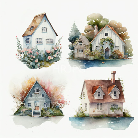 High Resolution: Watercolor illustration features four quaint charming houses with different styles and settings one has white walls and brown roof tiles and another is an ivy-covered cottage in a woodland setting download. | HRJPG.com