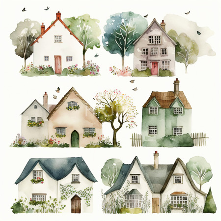 High Resolution: Watercolor illustration features six charming pastel-colored houses with varied architectural styles and lush gardens each house features red doors green doorways and flower boxes filled with blooms download. | HRJPG.com