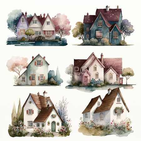 High Resolution: Watercolor illustration features six charming pastel-colored houses with varied architectural styles and lush gardens each house features distinct roof colors and window designs download. | HRJPG.com