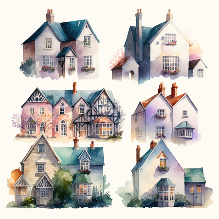 High Resolution: Watercolor painting features six charming varied houses including white cottages Tudor-style homes and brick accents with green roofs and flower boxes download. | HRJPG.com