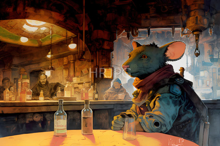 High Resolution: Anthropomorphic blue murine in steampunk attire wearing goggles and a scarf sits at a dim-lit bar with three empty glass bottles in the foreground against rustic wooden walls download. | HRJPG.com