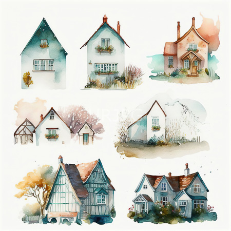 High Resolution: Watercolor illustration features six quaint houses in various styles including white and pastel-colored exteriors with red roofs including a blue-green triangular house and a pink house download. | HRJPG.com