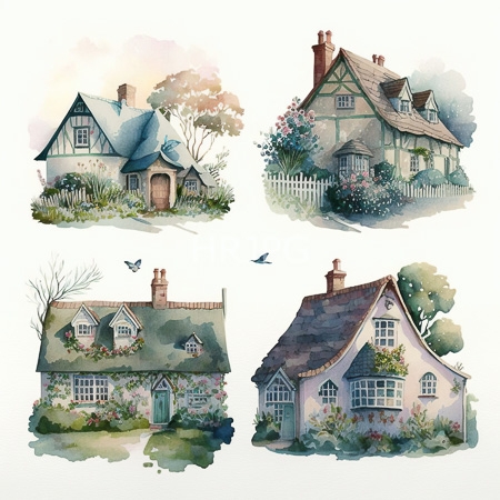 High Resolution: Watercolor illustration features four charming quaint houses with different architectural styles and lush gardens including a blue-roofed Tudor-style house and a pink-walled cottage with a white picket fence download. | HRJPG.com