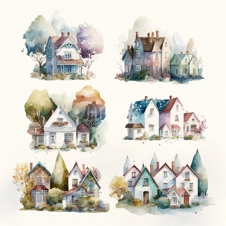 High Resolution: Watercolor painting features six charming pastel-colored houses with varied architectural styles and lush gardens surrounded by trees in soft hues download. | HRJPG.com