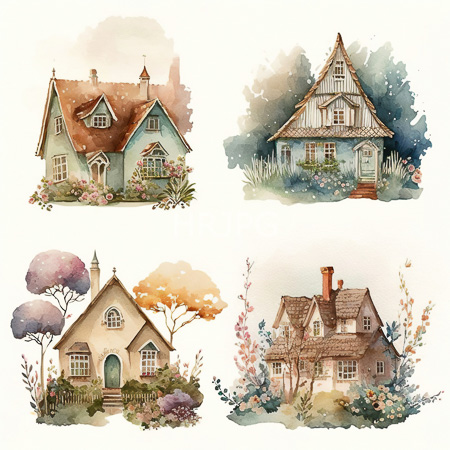 High Resolution: Intricate watercolor illustration features four charming whimsical houses including one with light blue walls and brown roof tiles surrounded by blooming flowers and a rustic wooden cottage download. | HRJPG.com