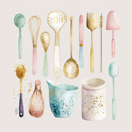 High Resolution: Watercolor illustration features various kitchen utensils and containers including spoons with pastel handles spatulas in gold and blue hues and a speckled glass bottle download. | HRJPG.com
