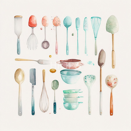 High Resolution: Watercolor illustration features various kitchen utensils and tools including spatulas whisks spoons forks knives colanders and measuring cups stacked vertically download. | HRJPG.com