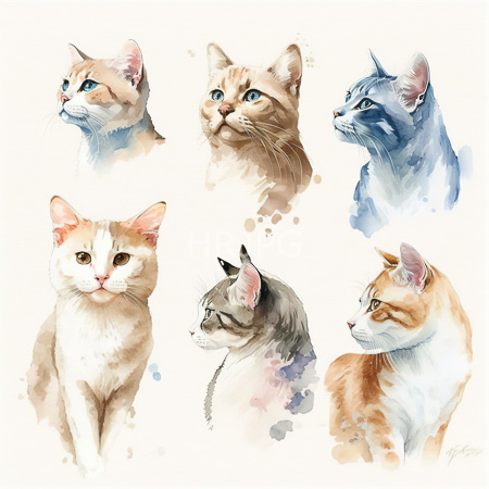 High Resolution: Watercolor painting features six cats each depicted in different profiles and angles including orange tabby white-orange mixtures blue-gray stripes and gray felines download. | HRJPG.com